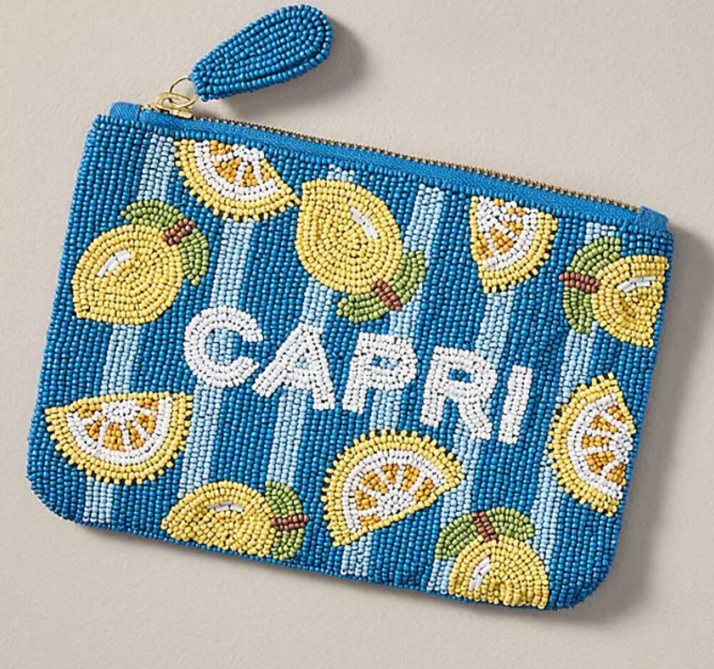 Anthropologie Capri City Edition Pouch Blue Yellow Beaded Travel Cosmetic NWT